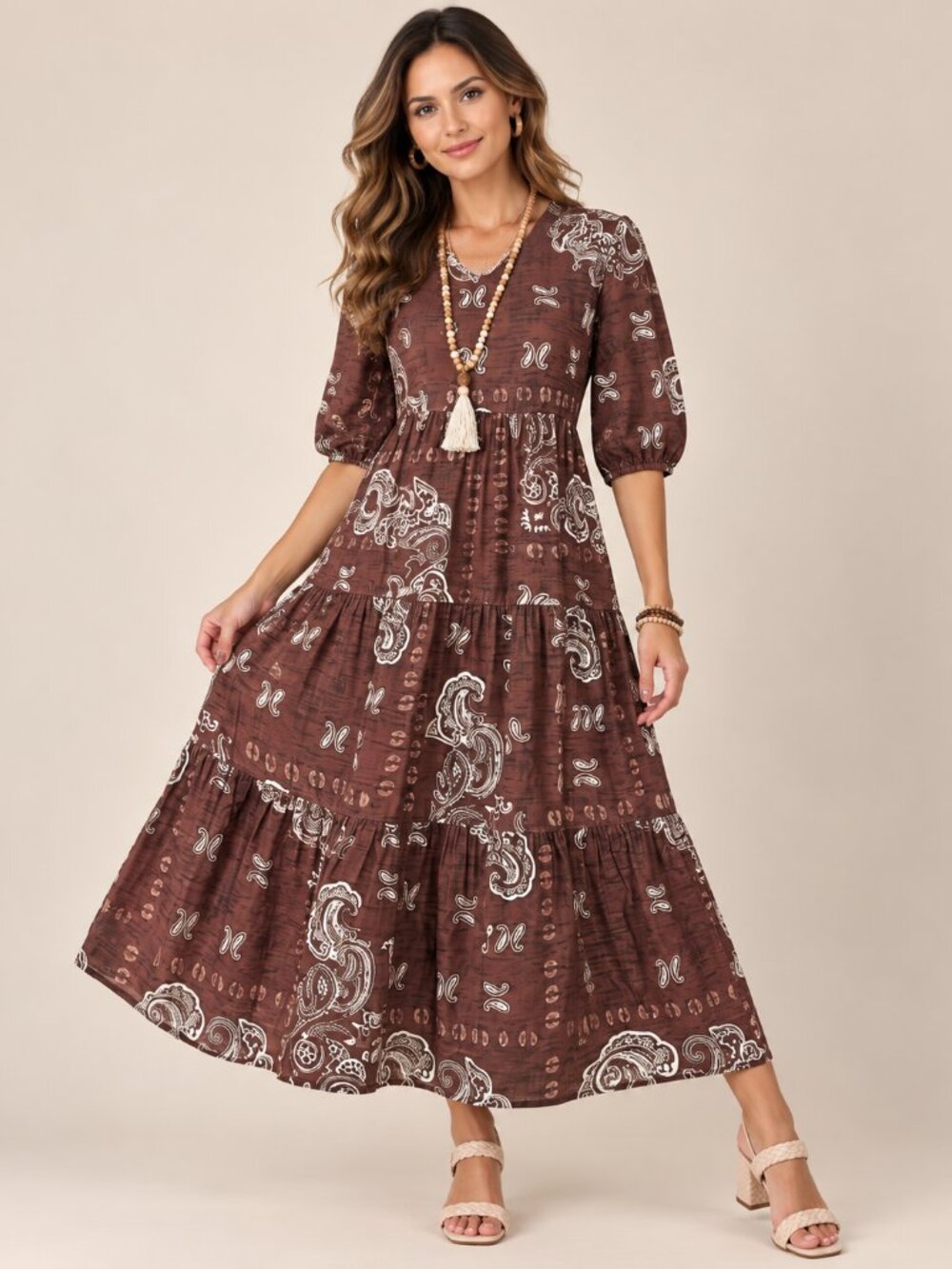 172- Boho Brown Paisley Print Tiered Midi Dress V-Neck Vacation Style